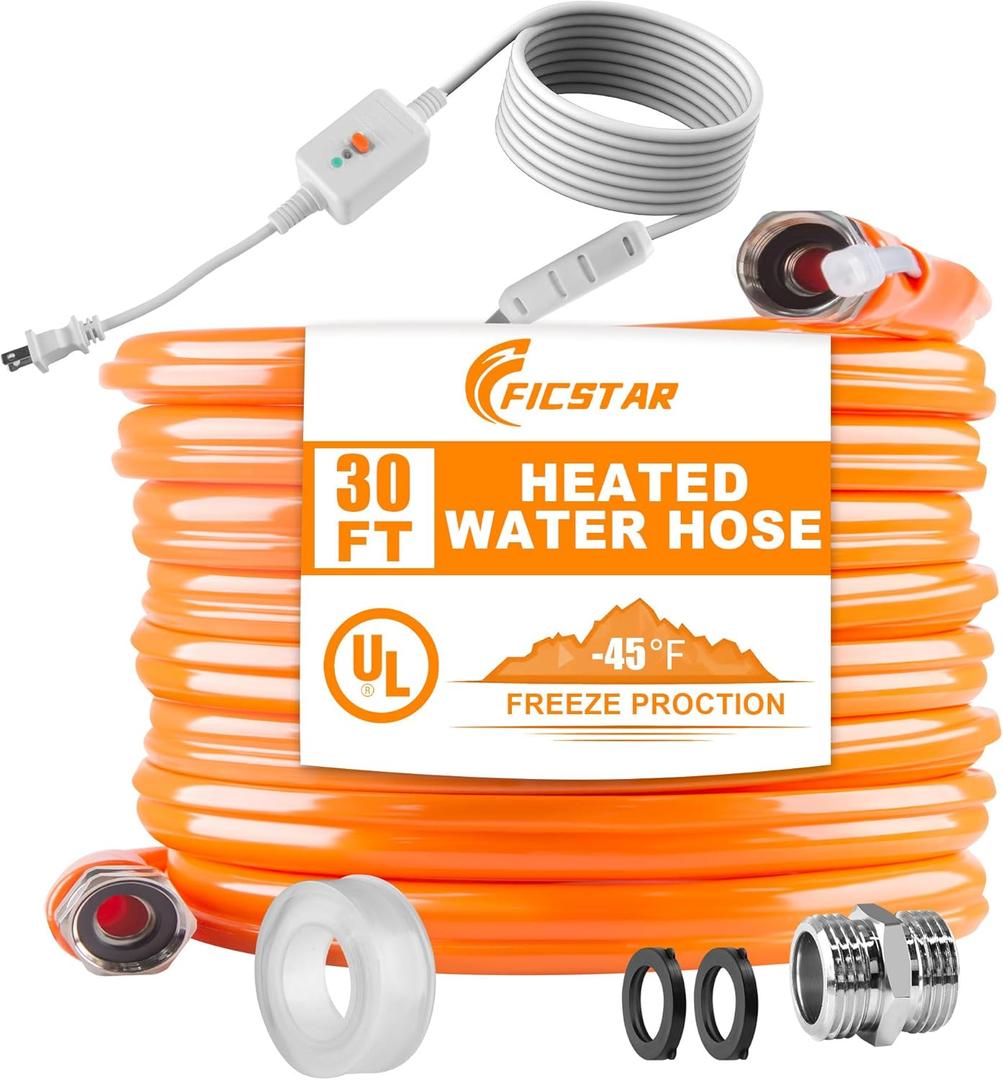 30FT Heated Water Hose for RV, Heated Drinking Water Hose Antifreeze to -45F, 5/8" I.D. with 3/4" GHT Adapter, Lead and BPA Free,No Odor