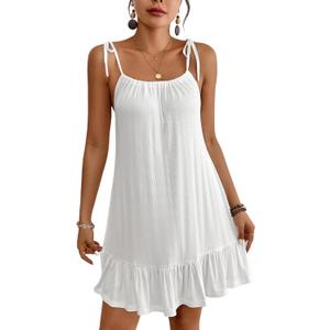 Bsubseach Swimsuit Cover Ups Women Knit Beach Coverup 2025 Summer Spaghetti Strap Dress Ruffle Sundress (White, L)