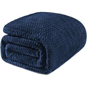 Exclusivo Mezcla Soft Fleece Blanket King Size, Cozy Lightweight Blankets with Decorative Wave Textured Suitable for All Season Use, Navy Blue, 90x104 Inches