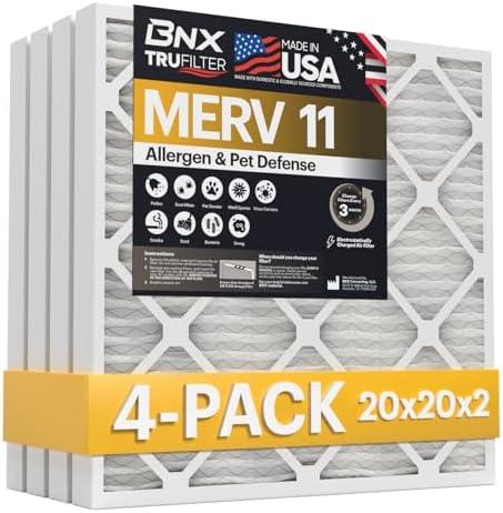 BNX TruFilter 20x20x2 Air Filter MERV 11 (4-Pack) - MADE IN USA - Allergen Defense Electrostatic Pleated Air Conditioner HVAC AC Furnace Filters for Allergies, Dust, Pet, Smoke, Allergy MPR 1200 FPR 7