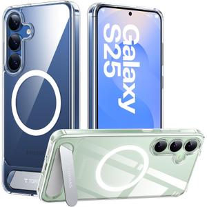 TORRAS Strong Magnetic & Seamless Stand for Samsung Galaxy S25 Case, Fit for MagSafe, Mil-Grade Drop Protection, Adjustable Kickstand for Samsung Galaxy S25 Case, Anti-Yellowing Diamond Clear