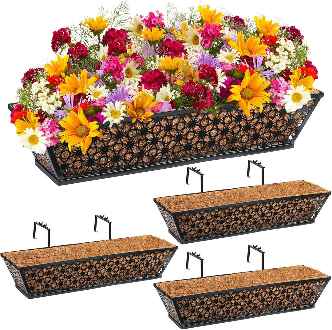 Potchen 4 Pieces Railing Planter Boxes, 24 Inches Window Box Planters with Coco Liner and Adjustable Brackets for Deck Porch Fence Patio Balcony Gardening Outdoor Plants
