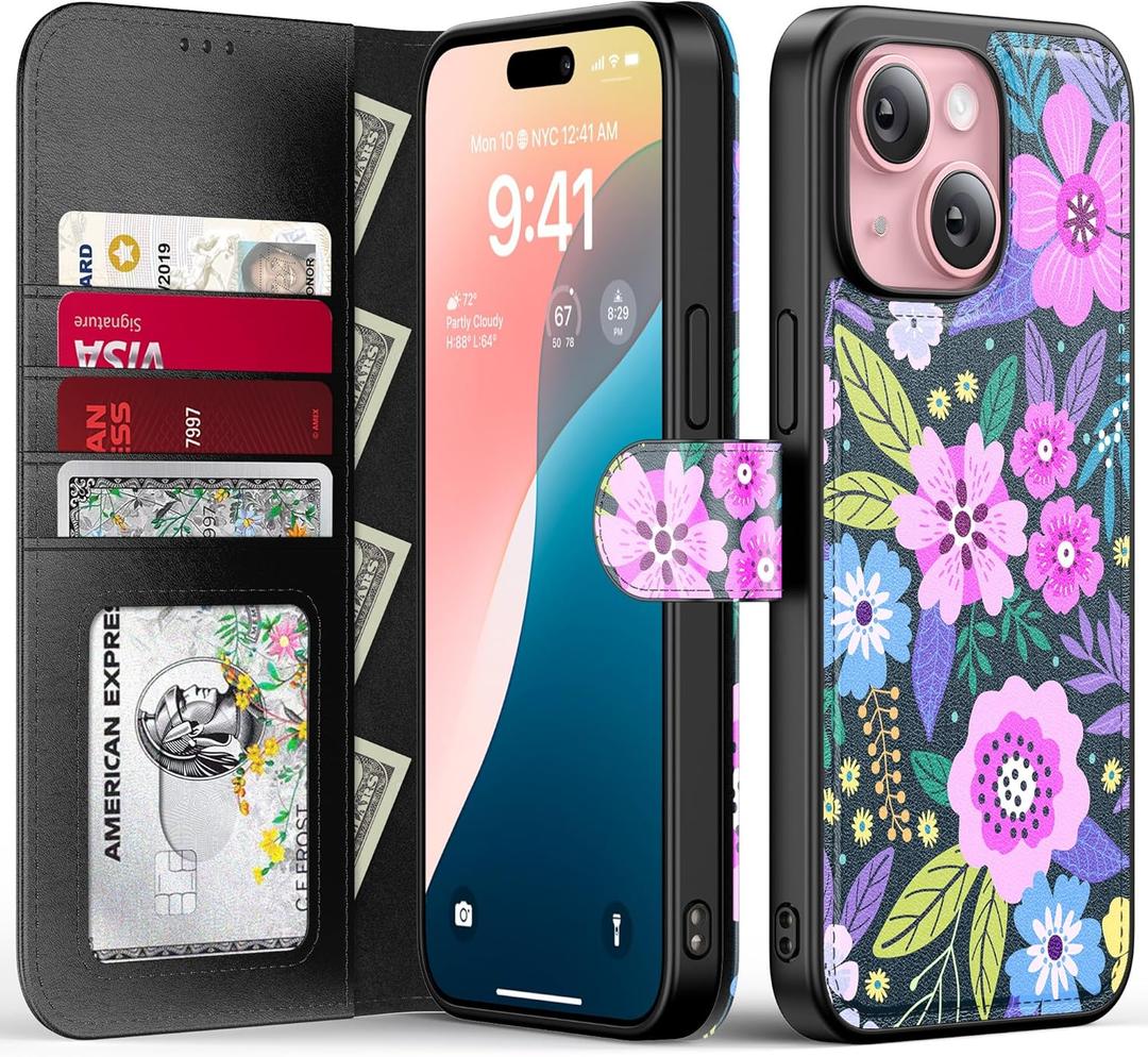 FUNMIKO for iPhone 14 Case Wallet, Detachable Flip Folio Leather Cover, RFID Blocking 4 Card Slots Holder, Magnetic Kickstand, Protective Phone Shell for Women Girls, Vibrant Flowers