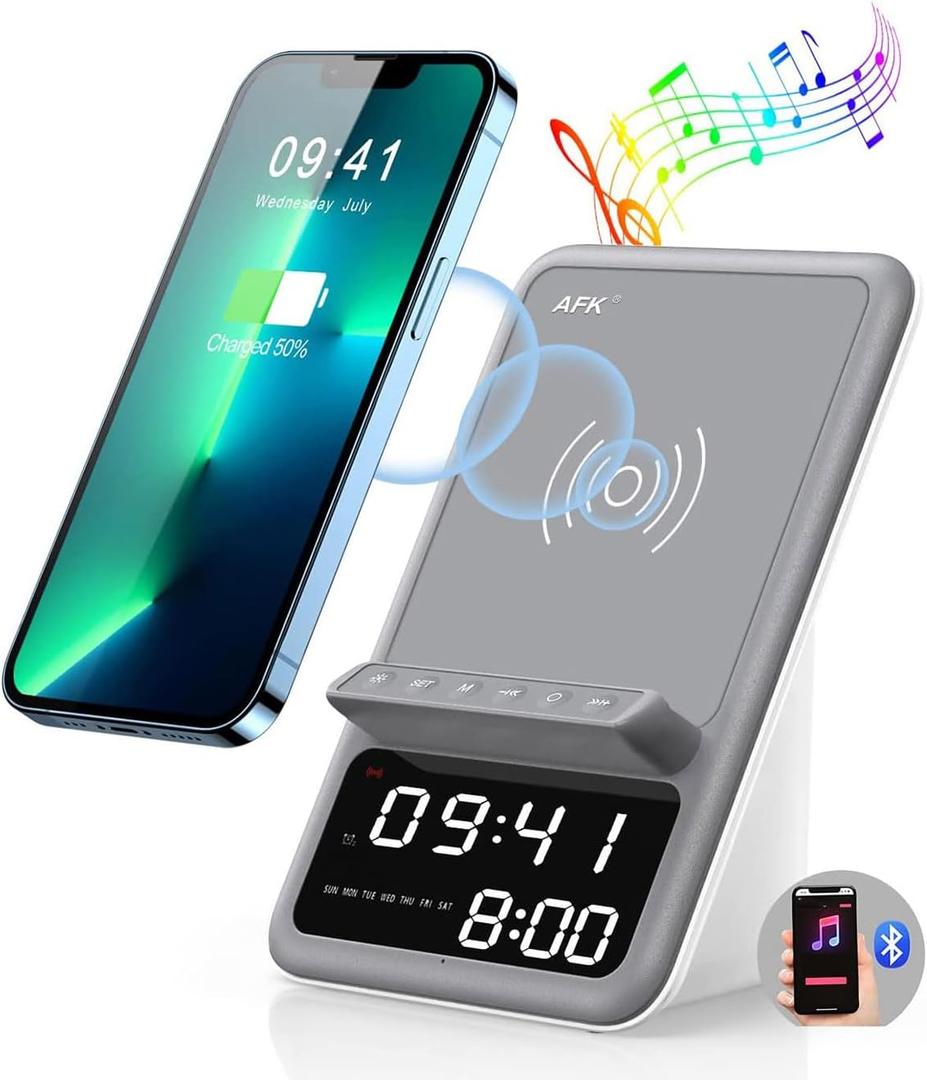 AFK Wireless Charging Station with Bluetooth Speaker and Alarm Clock, 4 in 1 Wireless Charger Compatible with iPhone16 15 14 13 12 11 Pro Max Series,Android Phones(Gray-White)