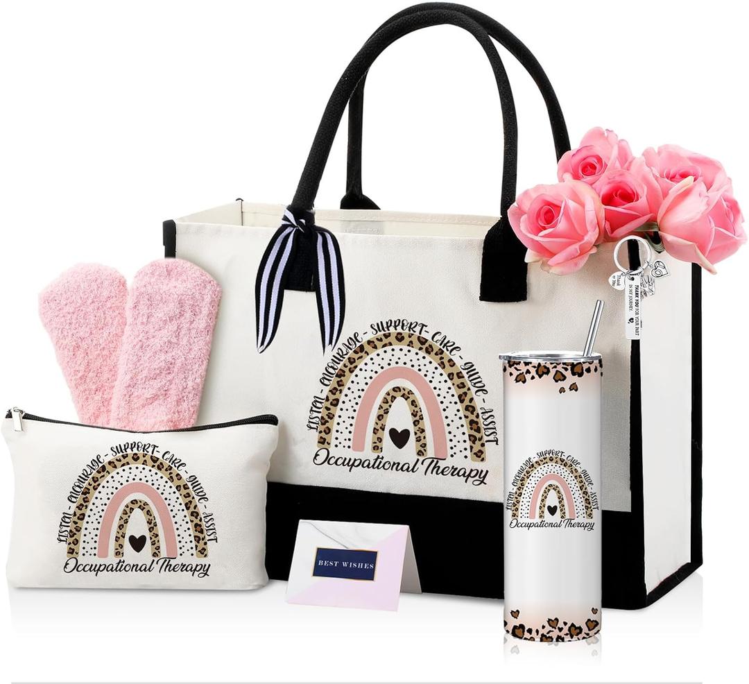 Geiserailie 8 Pcs Christmas Occupational Therapist Gifts for Women Including Large Tote Bag Cosmetic Bags Tumbler Cup Plush Socks Metal Keychain Card and Envelope for Christmas OT Thank You Gifts