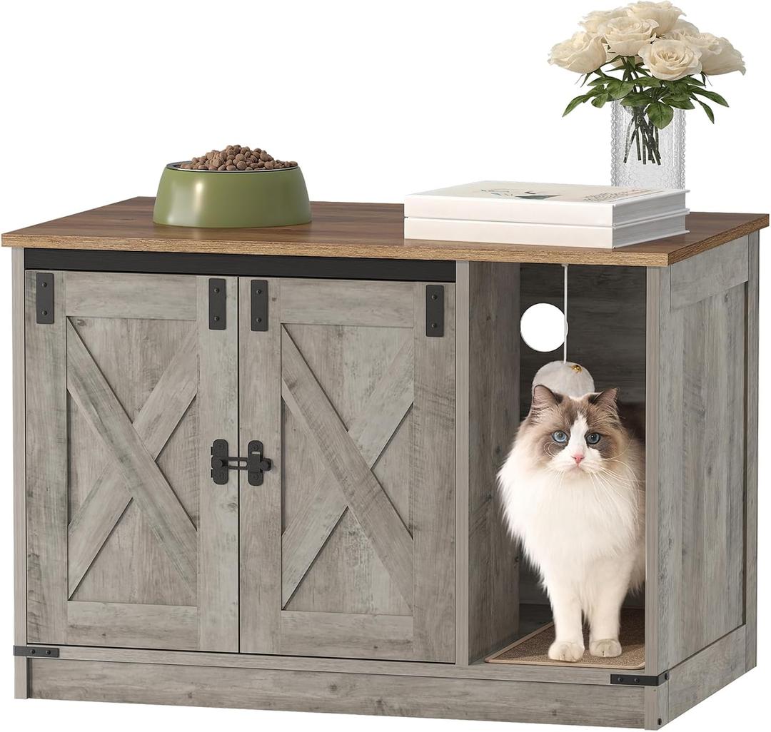 Hzuaneri Cat Litter Box Enclosure, Hidden Litter Box Cabinet Furniture with Bell, Indoor Cat House, Farmhouse Style, 31.5 x 19.7 x 20.9Inches, for Hallway, Bedroom, Light Ivory and Brown CB82405X