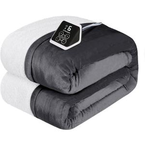 Westinghouse Heated Blanket Full Size, Soft Flannel to Sherpa Electric Blanket with 10 Heating Levels, 1-12 Hours Auto Shut Off, Fast Heating Warming Blanket, Machine Washable, 72x84 Inch, Charcoal
