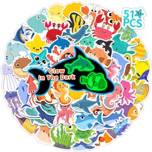 Glow in The Dark Cute Ocean Animals Water Bottle Stickers for Kids, 50 Pcs Colorful Cartoon Sea Animals Vinyl Waterproof Laptop Decals, Skateboard Mugs Phone Case Luggage Scrapbook Decor (Luminescent-228kshr)