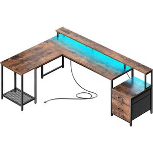 PRAISUN 66" L Shaped Gaming Desk with LED Lights & Power Outlets, Computer Desk with Fabric Drawers and Print Stand, Corner Office Desk, Monitor Stand, Mesh CPU Stand, Rustic Brown