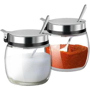 Hewnda 2Pcs Sugar Salt Container Set, 8 oz glass jar with lid and spoon for storing condiments, coffee, sugar cubes, spices and more