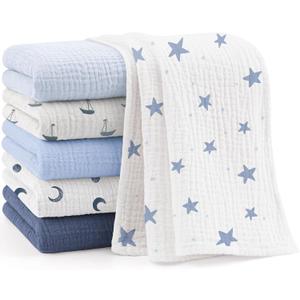 Bearmoss 6 Pack Muslin Burp Cloths for Baby, 100% Cotton Soft Large Burping Cloths for Unisex, Boy, Girl, 23.6" X 23.6" Newborn Essentials Absorbent Milk Spit Up Rags (Blue)