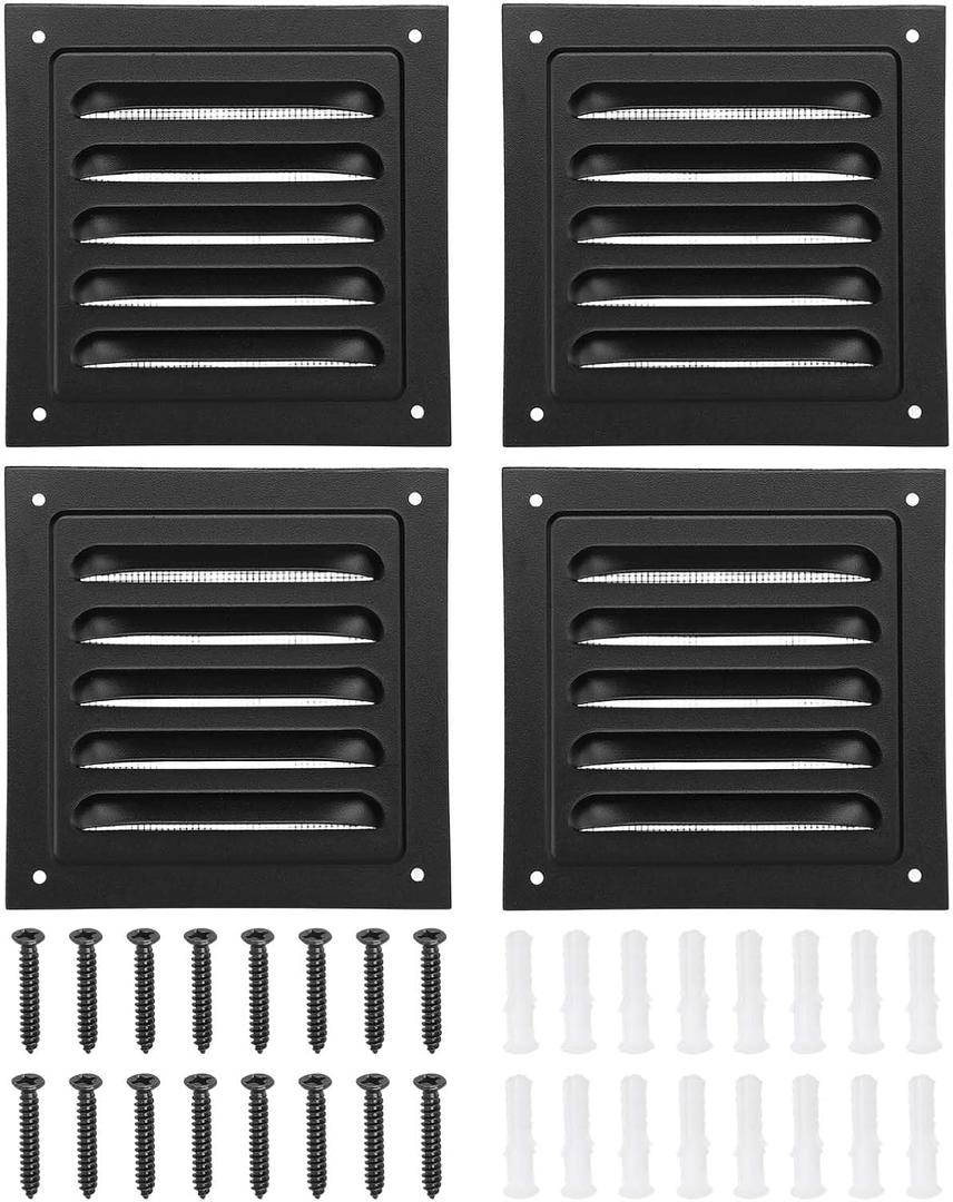 PATIKIL 4"x4" Aluminum Gable Vent, 4Pcs Exterior Wall Outlet Vent Square Soffit Vents HVAC Louver Air Grille with Built-in Screen for House Attic Garage Ceiling, Black