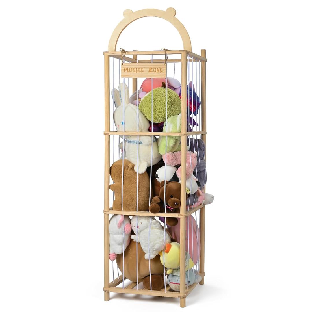 Stuffed Animal Storage, Vertical Stuffed Animal Holder with Thicker Elastic Band, Solid Wood Plushies Storage Decoration and Space Saving for Playroom, Kids Bedroom, Nursery Room. 57"(4.7ft), Natural Pine Wood 