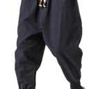 LifeHe Men Linen Drop Crotch Wide Leg Baggy Harem Pants (Large, Blue)
