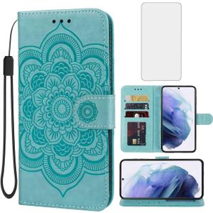 Wallet Case for Galaxy S21 with Tempered Glass Screen Protector, Mandala Leather Flip Credit Card Holder Stand Phone Cover Case for Samsung Galaxy S21 5G Green