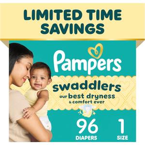 Pampers Swaddlers Diapers, Size 1 (8-14 lbs), 96 Count, Absorbent, Keeps Baby Dry and Comfortable, Skin Safe Disposable Baby Diaper