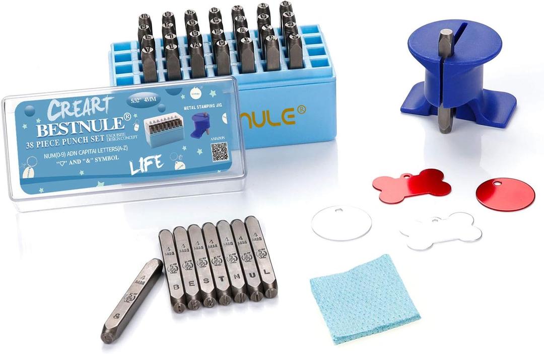 BESTNULE Metal Stamping Kit, Number and Letter Stamp Set (A-Z, 0-9 and &, Love Symbol), Industrial Grade Hardened Carbon Steel, Perfect for Metal, Wood, Plastic, Leather (5/32", 4MM)