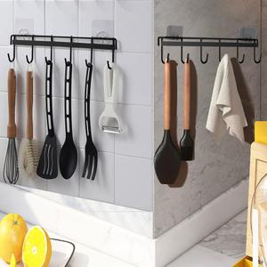 2Pcs Kitchen Utility Hooks,Wall Mount Kitchen Utensil Rack with 6 Hooks,Wall Mounted Rail,No Drilling Utensil Holder,Space Saving Kitchen Wall Hooks for Kitchen Bathroom.. (black)
