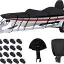 Tuszom Custom Fit Bass Boat Cover with Motor Cover, True 900D Solution-Dyed Bass Tracker Boat Cover Fits 16 ft - 18.5 ft Long, 98 in Wide Boat - Waterproof & Trailerable with 17 Windproof Straps (Black)