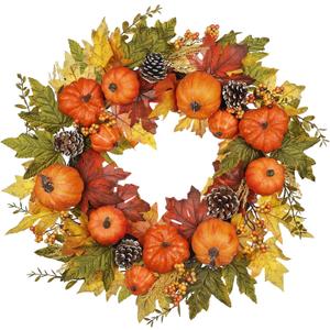 Fall Wreaths for Front Door Outside 24" Autumn Wreath with Fake Pumpkins, Pinecones, Berries, Fall Wreaths for Indoor & Outdoor, Falls Wreath for Home, Porch, Harvest, Halloween, Thanksgiving Decor