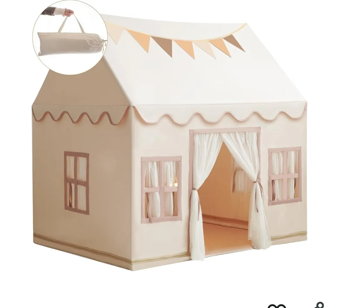 Large Kids Tent Playhouse Base Fabric with Star Lights, Flags and Tote Bags, Kids Play Tent Indoor & Outdoor, Washable Teepee Tent for Boys & Girls, Play House for Toddler, Neutral Color
