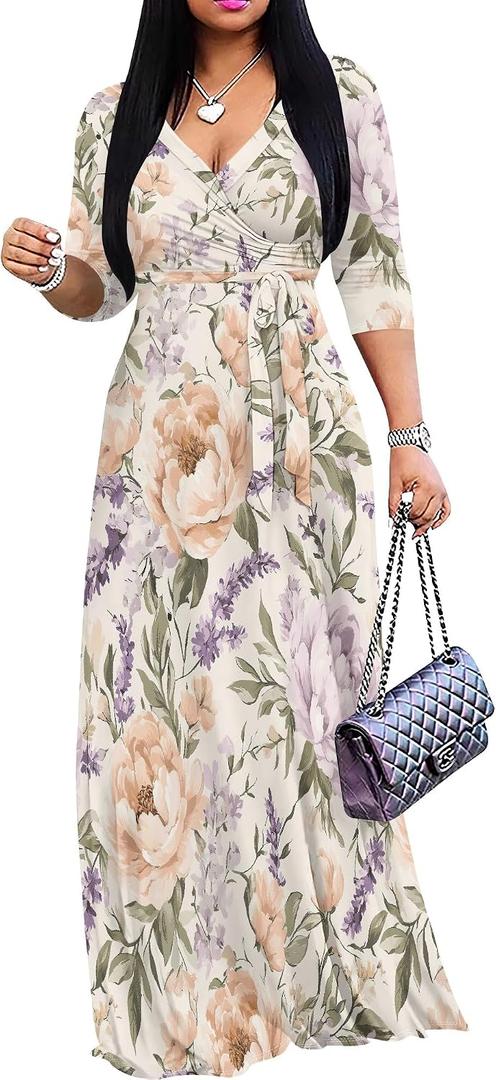 Plus Size Maxi Dress for Women V Neck Flowy Dresses with Pockets for Wedding Guest Church L