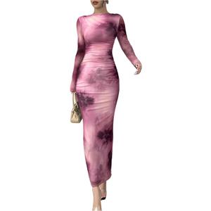 Milumia Women's Tie Dye Boat Neck Long Sleeve Fall Dress Ruched Bodycon Maxi Slimming Dresses Cocktail Party M