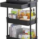 Calmootey 3-Tier Rolling Utility Cart with Drawer,Multifunctional Storage Organizer with Plastic Shelf & Metal Wheels,Storage Cart for Kitchen,Bathroom,Living Room,Office,Black
