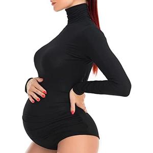 YONABTF Women's Maternity Shirt Bodysuit Long Sleeve Basic Top Mock Neck Bodycon T-Shirt for Pregnant Photoshoot Small, Black2