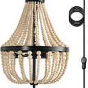 3-Light Plug in Chandelier Dimmable and Timer Mini Wood Beaded Bohemian Pendant Light Fixture with 16.4ft Swag Cord,Black Metal Finish Natural Color Beads,Dining Room,Living Room,Foyer,Bedroom (Plug in-3 Light)