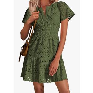 PRETTYGARDEN Womens 2025 Summer Short Dress V Neck Short Sleeve A Line Hollow Out Lace Ruffle Cute Casual Beach Party Dresses, S