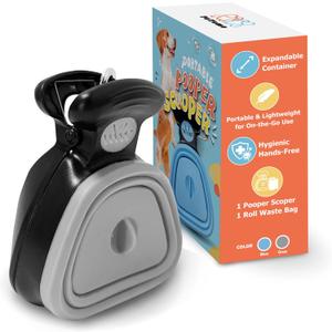 Dog Pooper Scooper  Hands-Free Poop Scooper with Bag Attachment, One-Handed Operation & Built-in Dispenser  Portable Clip-On Pooper Scooper for Small & Medium Dogs (Gray)