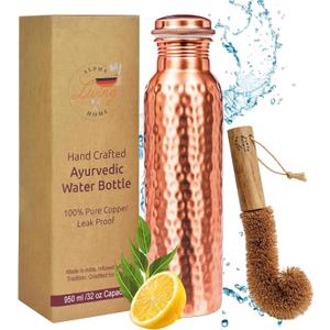 Alpha Living Home Copper Water Bottle 32 Oz Extra Large, Real Copper Water Bottle, Pure Drinking Bottle, Hammered Ayurvedic Bottle for Drinking Water, Leak Proof Vessel Cap with Cleaning Brush