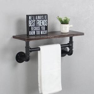 Industrial Pipe Shelf Bathroom Shelves Wall Mounted,19.6in Rustic Wood Shelf with Towel Bar,1 Tier Farmhouse Towel Rack Over Toilet,Pipe Shelving Floating Shelves Towel Holder,Retro Black