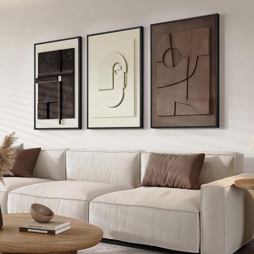 3D Textured Framed Abstract Wall Art, 3 Piece Modern Paintings Artwork for Walls, Black White Brown Geometric Sandstone Texture Pictures for Living Room Dining Room Bedroom Office Wall Decor 16x24 In, 16"W x 24"H x 3Pcs