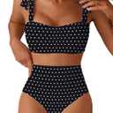 Herseas Women's Tie Shoulder Bikini Sets 2 Piece Striped Swimsuits High Waisted Bathing Suits (Black) Medium