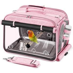 Suertree Bird Carrier Airline Approved, Bird Travel Cage with Indestructible Stainless Steel Mesh, Bird Travel Bag Lightweight and Portable with Water Bottle and Bowl (Pink)