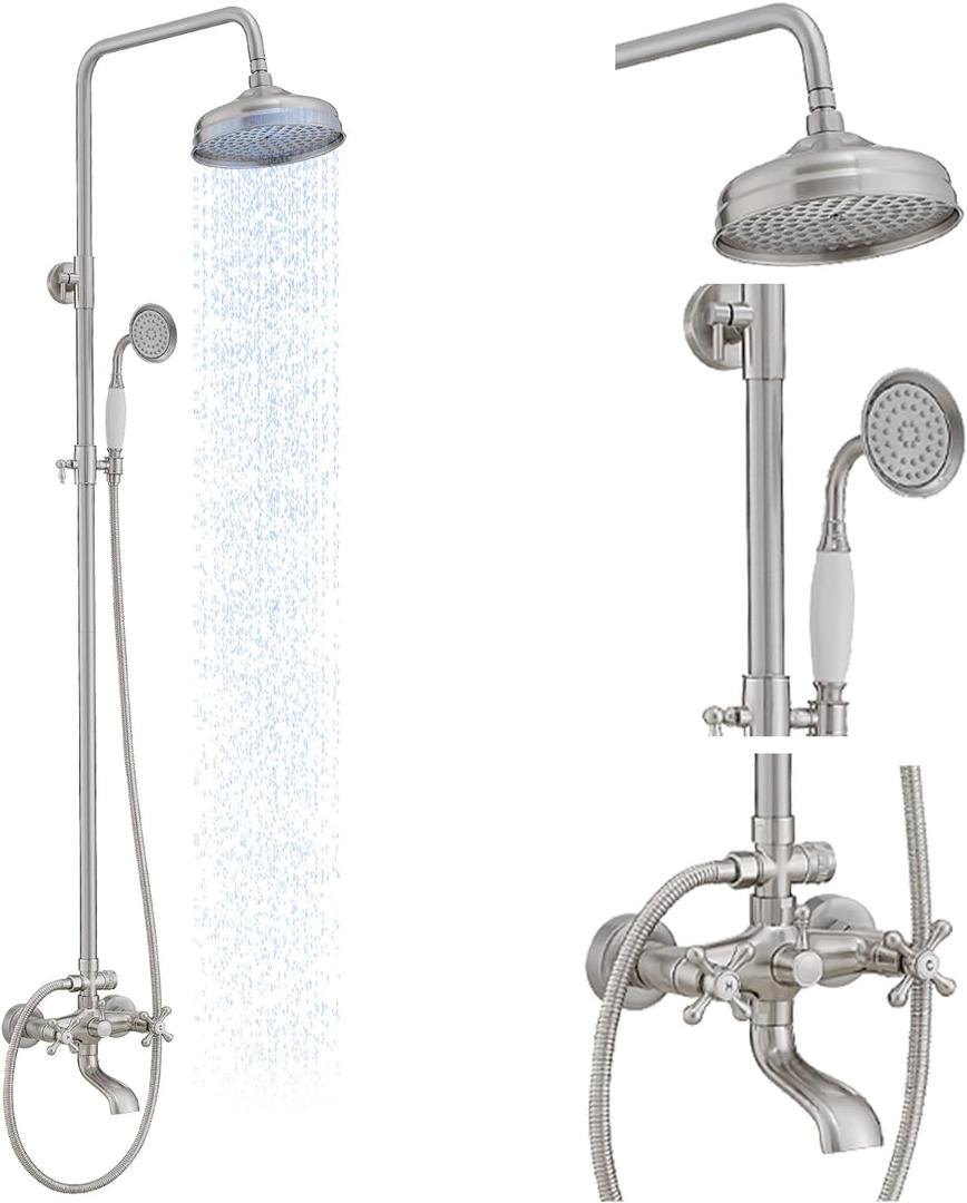 Exposed Shower System, 3 Function Outdoor Shower Kit with Wall Mounted, 8 Inch Rain Shower Head, Handheld Shower & Tub Spout, Dual Handle Shower Faucet Set, Brushed Nickel
