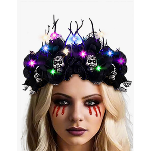 Light Up Halloween Crown Headband Black Rose Flower Hairband Skull Costume Hair Accessories for Women