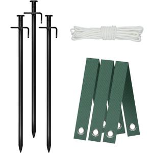 Heavy Duty Steel Tree Stake Kits,Tree Staking and Supports Kits for Young Trees Against Bad Weather, Include 3 PCS Tree Straps for Staking, 3 PCS 11.8 Inch Tree Stakes and 31.2 Feet Rope for Anchoring