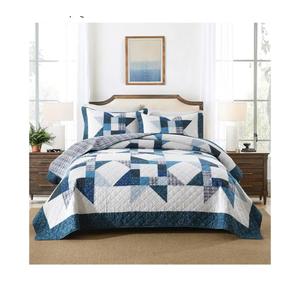 Cotton Quilt Bedding Sets 3 Pieces Soft Reversible Coverlets Luxury Star Real Patchwork Bedspread, Blue White, Queen Size