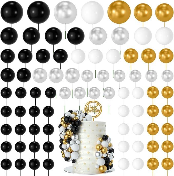 NACHLYNN 80 Pcs Cake Balls Decorations Mini Balloon Cake Topper Balls Foam Cupcake Toppers Balls for Cake Decorating Birthday Parties Weddings Anniversary (Black Gold Series)