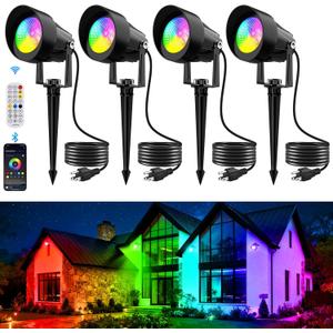 RGB Color Changing Spotlights Outdoor, LED Landscape Lighting with Remote/APP Control, Music Sync & Timing Mode, IP65 Waterproof Outdoor for Yard Garden Pathway Christmas Halloween, 4 Pack