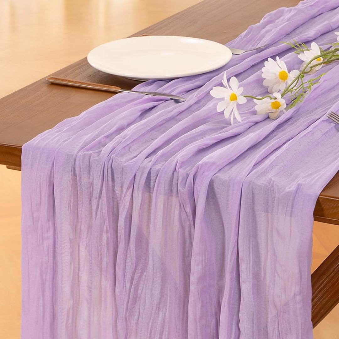 Socomi 3pcs Lilac Purple Lavender Cheesecloth Table Runner Summer Boho Rustic Gauze 120 inch 10FT Cheese Cloth Sheer Runner for Wedding Party Baby Shower Birthday Home Decor Holiday Decorations