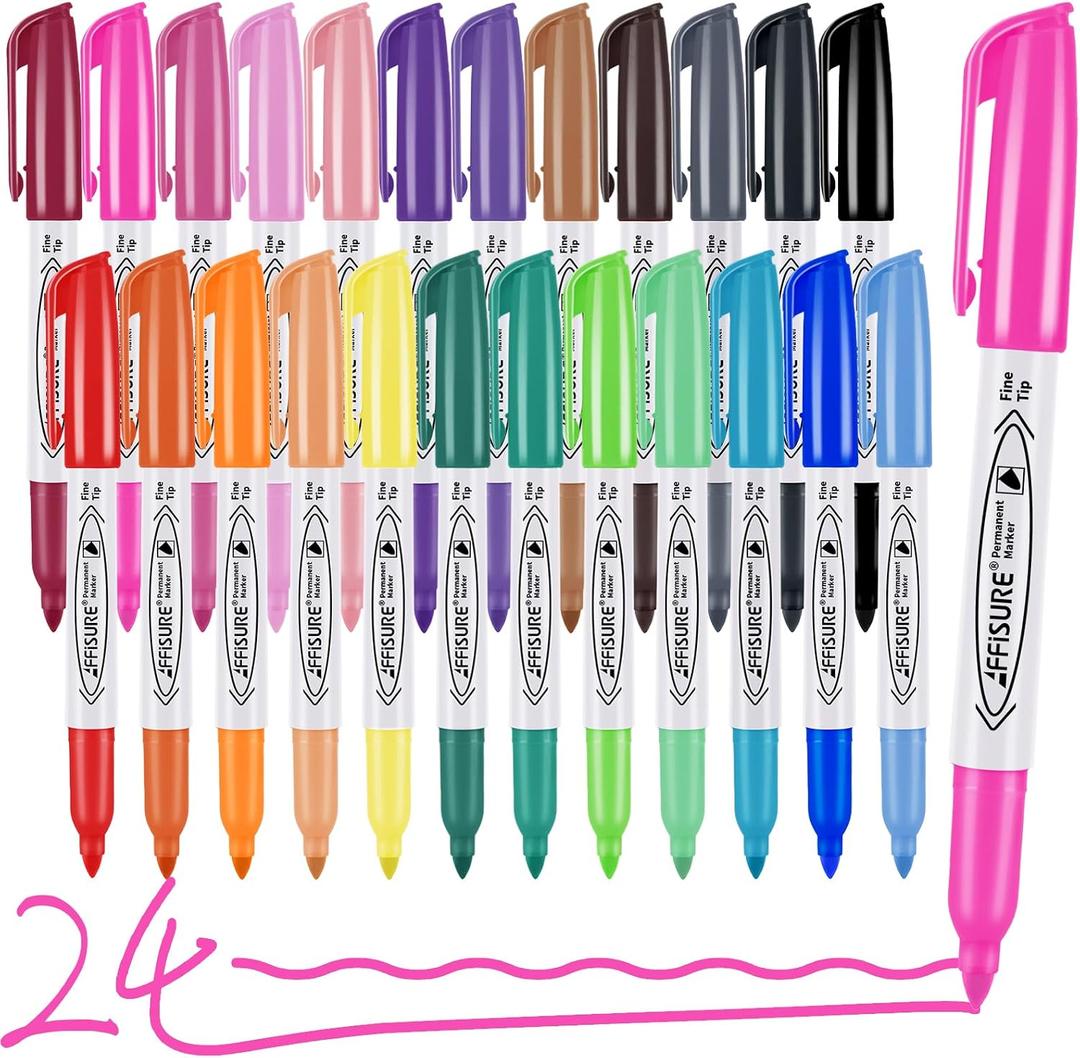 Permanent Markers Assorted Colors Set, 24 Colored Markers 24 Pack, Fine PointWorks on Wood, Plastic, Metal, and More, for Adults, Artist, Taecher, Kids
