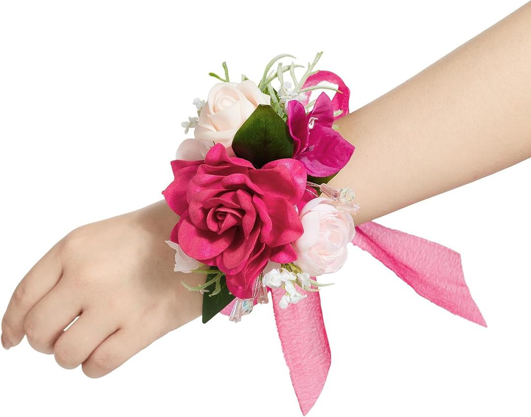 Ling's moment 6pcs Wedding Wrist Corsage Artificial Flowers, Girl/Mother Homecoming Prom Corsages Wristlet Dcor, etc. Hot Pink Magenta
