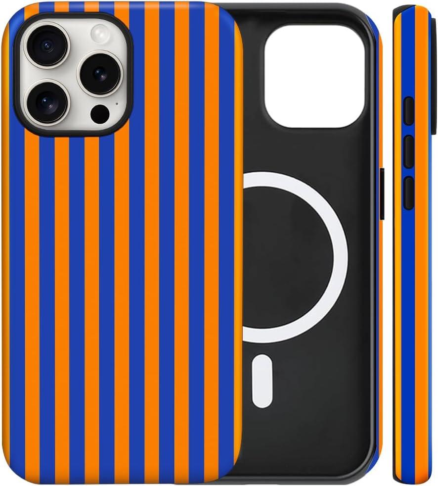 Magnetic for iPhone 15 Pro Max Case Cute Dopamine Stripes Phone Case, Shockproof Slim TPU and Hard PC Protective Phone Cover Compatible with MagSafe Designed for Women Girls, Coral Orange&Blue