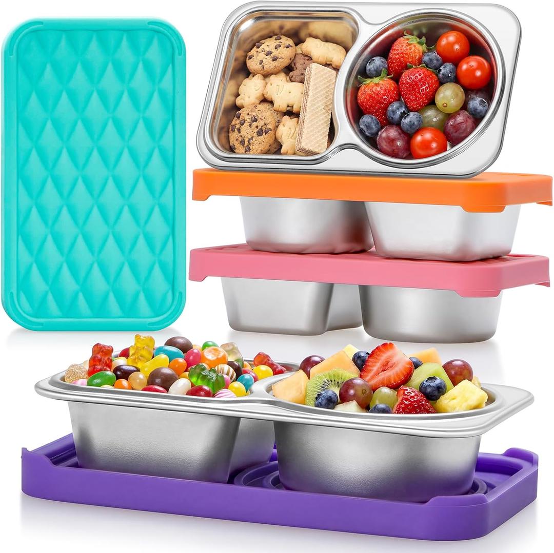 BRIGHTWORLD 4 PacK Stainless Steel Snack Containers with Silicone Lids, 2 Compartment Snackle Box Container, Leak-Proof Reusable Metal Food Storage Container for Travel, School, Meal Prep, Camping