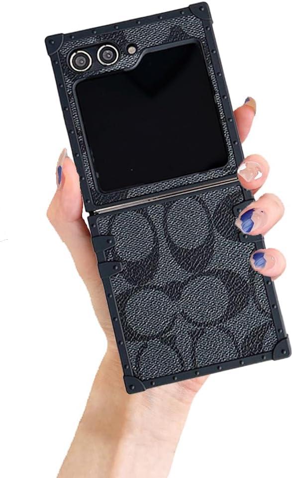 Phone Case for Samsung Galaxy Z Flip6,Luxury Designer PU Leather Case Classic Shockproof TPU Bumper Premium Protection Soft Cover Case Compatible with Samsung Galaxy Z Flip 6 (Black)