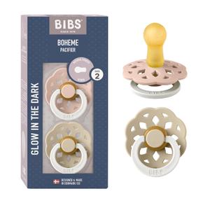 BIBS Boheme Glow in The Dark Soother 2-Pack. BPA Free. Round Latex, Size 2 (6-18 Months), Blush Glow/Vanilla Glow
